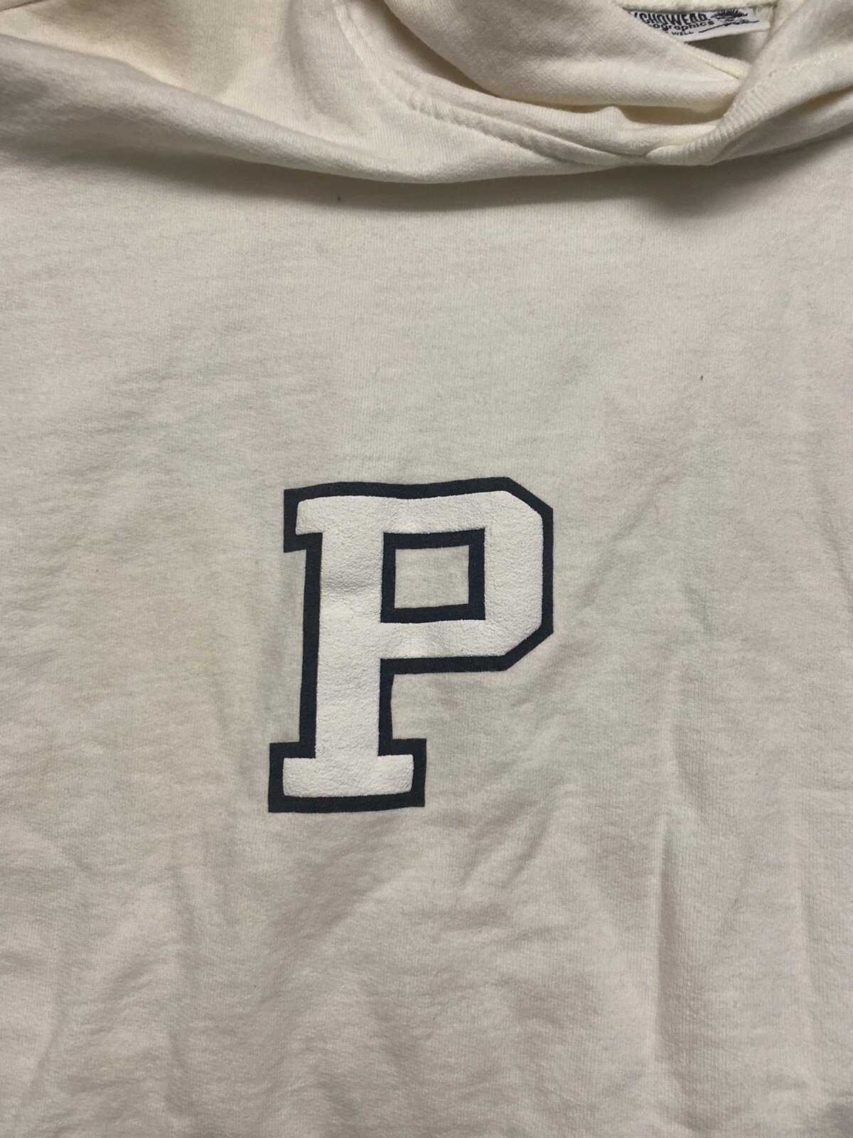 OFF WHITE T shirt con cappuccio vintage anni '90 Psycho Wear uomo grafica taglia OSFA USA bianca spenta