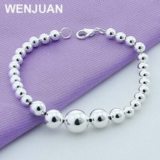 925 Sterling Silver Beaded Ball Chain Bracelet 6/8/10/12mm Smooth Beads Jewelry