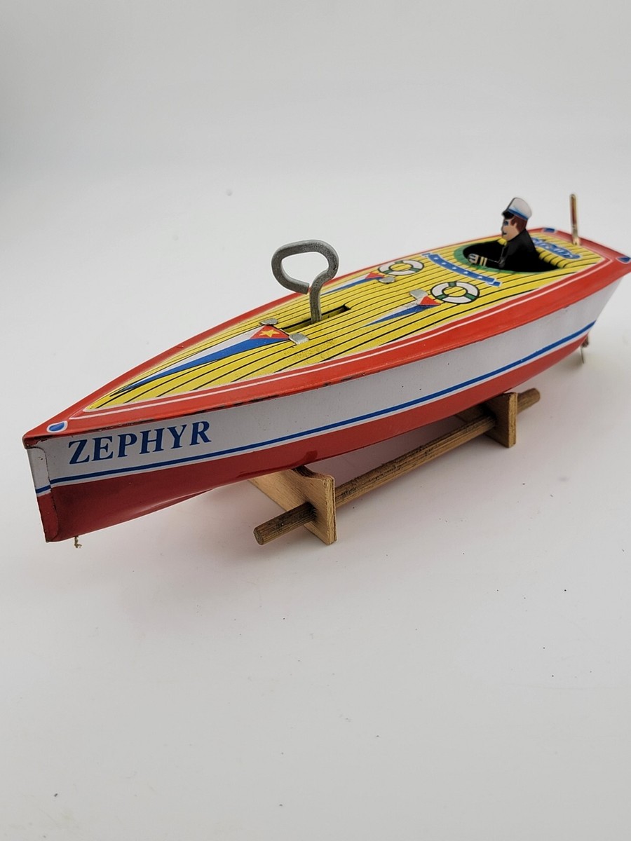 Vintage 1996 Schylling Tin SpeedBoat Zephyr Wind Up Toy LIMITED