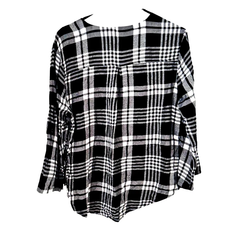 Blusa a cuadros para mujer No Boundaries XL negra blanca cuello con cordones manga 3/4 Foto 3 de 4
