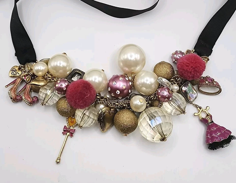 Vintage Betsey Johnson Varsity Crush Pink Gold Tone Charm Neck Mess Barbiecore - Image 3 of 4