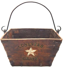 Antique Primitive Lone Star Hand Carved Wood Grain Square Carrier W/Iron Handle