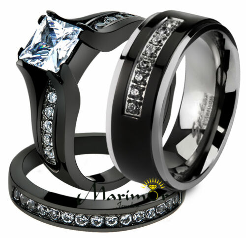 Her & His 3 Pc Black Stainless Steel Engagement Wedding Ring Set & Titanium Band - Picture 1 of 9