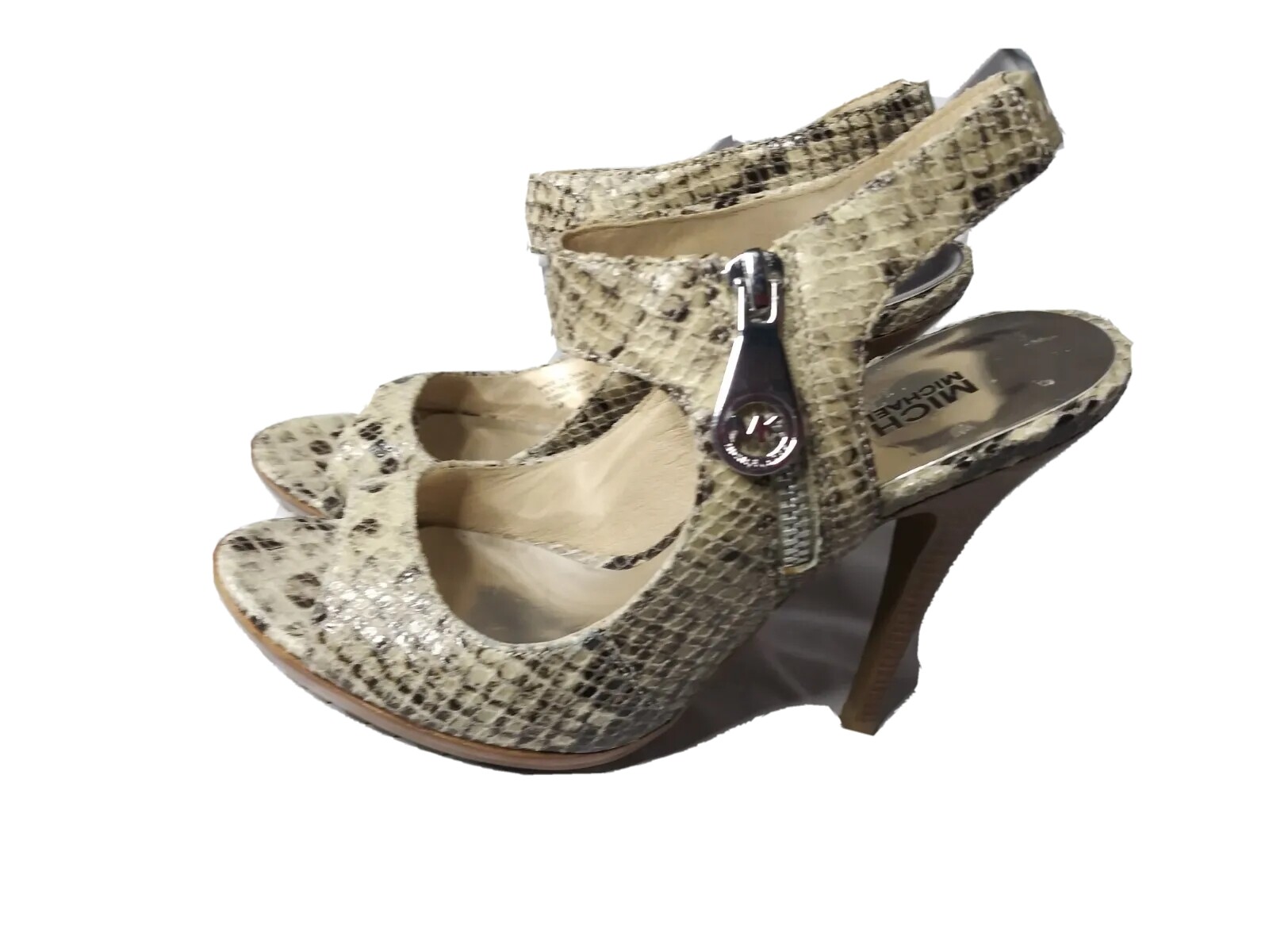 Michael Kors  Heels Womens Shoes Size 7M Peeptoe Python Print Beige & Black thumbnail 3