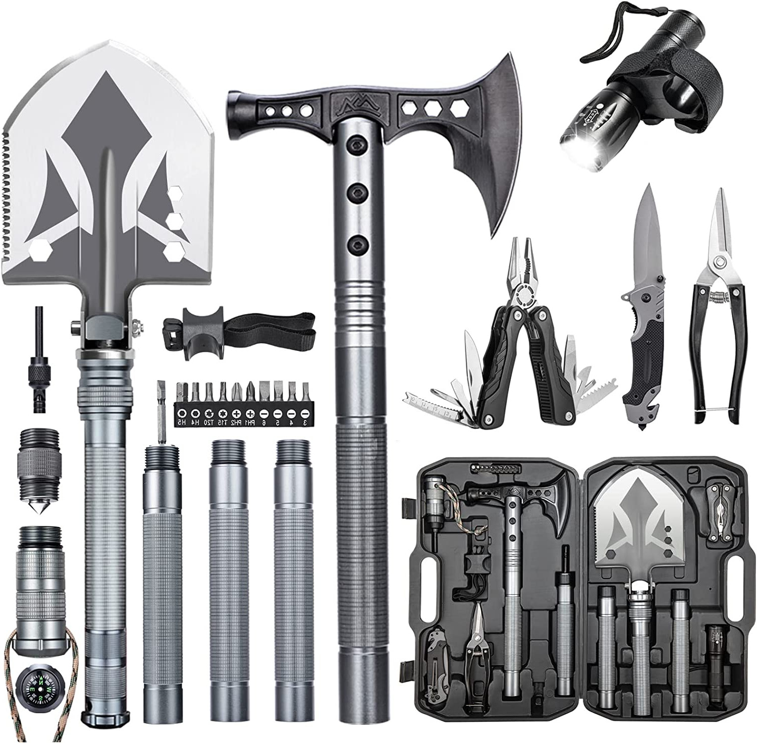 Multifunctional Folding Tactical Shovel Axe Flashlight Camping Cycling Hiking