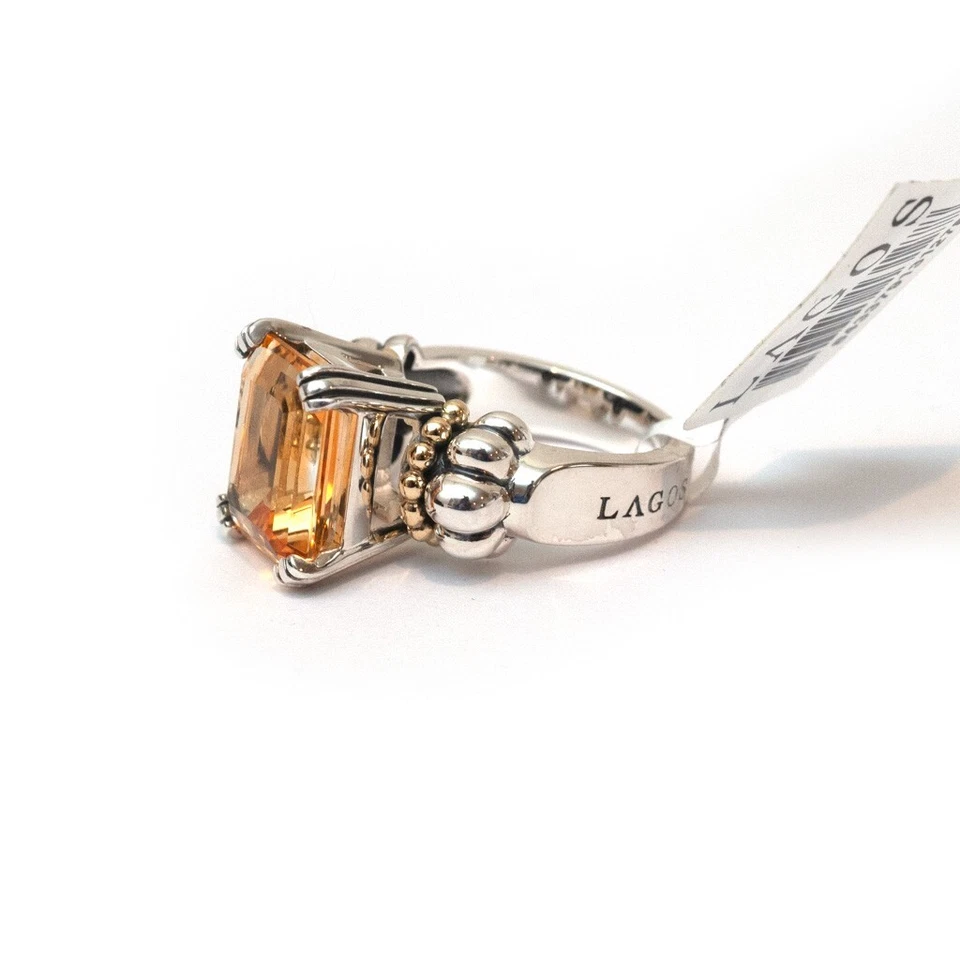 Anillo LAGOS Nuevo Plata Glaciar, Oro 18K Naranja Citrino 12 x 10mm Piedras Preciosas Talla 5 Foto 2 de 4