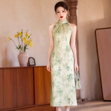 Women Retro Qipao Dress Sleeveless Satin Silk Chinese Cheongsam Evening Gowns