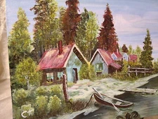 Vintage river pond-scape/cabins, rowboat, country river setting Oil on board-