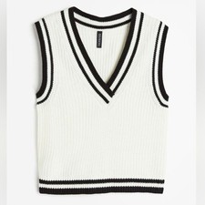 H M Divided Black White V-Neck Crop Knit Vest Sweatervest Pullover - Size S