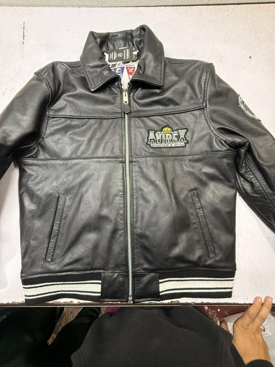 Avirex 75th Anniversary Black Leather Bomber Jacket with Eagle Patch image 10