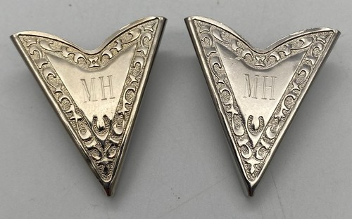 Vintage Western Collar Tips Silver Tone Horseshoe Monogram MH Cowboy Pair