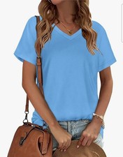 T-Shirts V Neck Woman's Sleeve Summer Tops Casual Basic Tees Solid Blue
