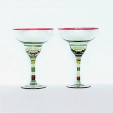 Margarita Glass Set NEW In Box 2 pc Hand Blown Light Green Glass Hand Painted