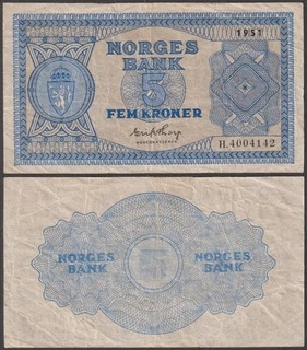 Norway 5 Kroner 1951 VF P 25