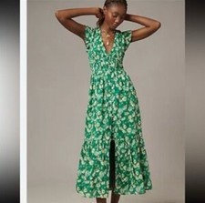 Anthropologie The Peregrine Dress Green Floral Daisy Flutter Sleeve Size M NWT