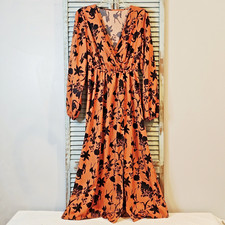 SHEIN Womens Size M Rust Black Floral Print Long Sleeve Maxi Dress V Chest EUC