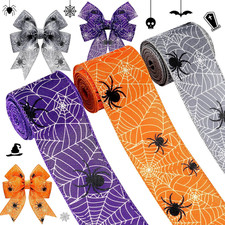 3 Rolls 15 Yards Halloween Wired Ribbon Edge, Orange, Purple, Gray