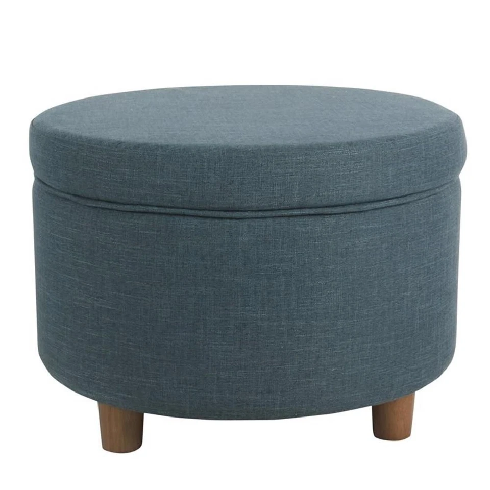 HomePop Round Transitional Wood and Fabric Storage Ottoman in Teal Blue - Image 2 of 4