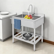Kitchen Sink Single Bowl Sink Stainless Steel Utility Sink with Pull-out Faucet