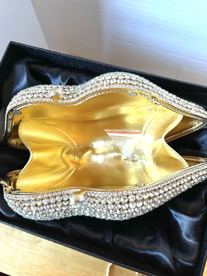 Bolso sin asas para labios con estrás de cristal Bolso de hombro de noche Forro dorado Bolso extra Brillante Foto 3 de 4