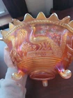 Dark Marigold Northwood Carnival Glass Peacock at The Fountain Fruit Bowl NICE!