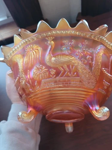Dark Marigold Northwood Carnival Glass Peacock at The Fountain Fruit Bowl NICE!