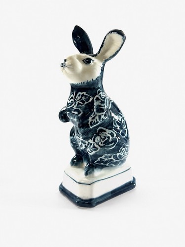 Vintage Blue White Ceramic Rabbit Figurine Floral Bunny Hare Statue 7.5”
