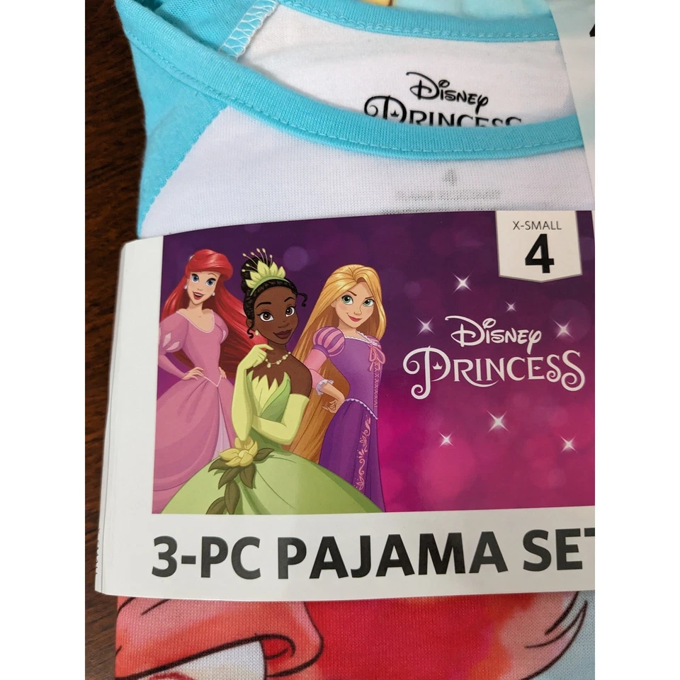 Disney Princess 3Pc Pajama Set XS 4 Ariel Tiana Rapunzel Little Mermaid Girls PJ - Image 3 of 4