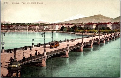 Geneva Pont du Mont Blanc Vintage Swiss City Tram Postcard [AA]