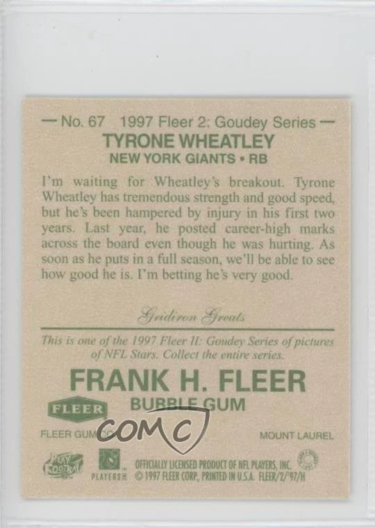 1997 Fleer Goudey II Gridiron Greats Tyrone Wheatley #67 - Image 2 of 2