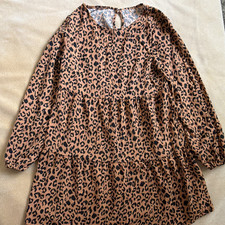 Women s Brown/Black Leopard Animal Print Babydoll Dress M Long Sleeve Short