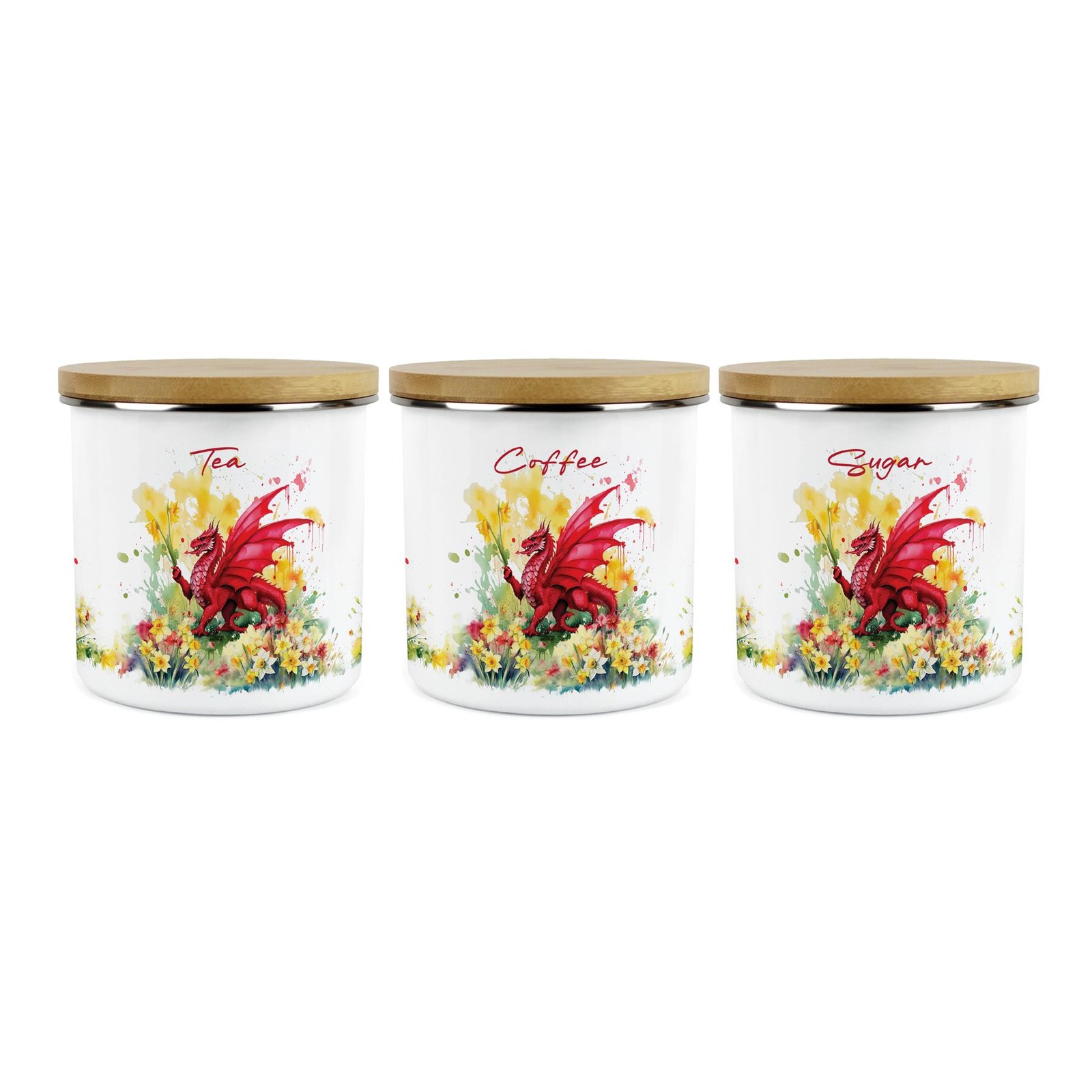 Daffodils & Dragon Welsh Tea Coffee Sugar Canister Set - Cymru Souvenir Gifts