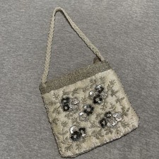 Vintage Beaded Shoulder Bag Purse Montana Silver Metallic Ivory Floral Hand Made