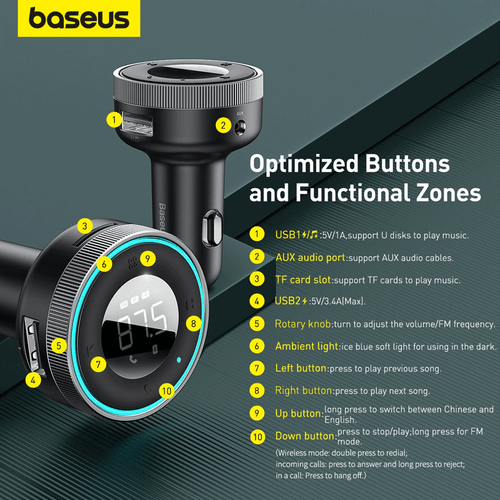 Baseus USB Car Charger Kit FM Transmitter Bluetooth 5.0 Radio MP3 Music Player - Picture 7 of 14