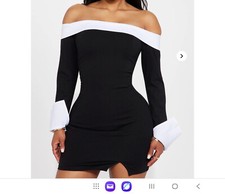 Black Dress Off Shoulder Long Sleeve with White Accents