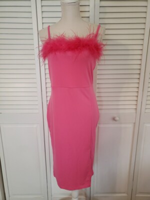 Shein Pink Polyester Feather Trim Front Slit Dress L
