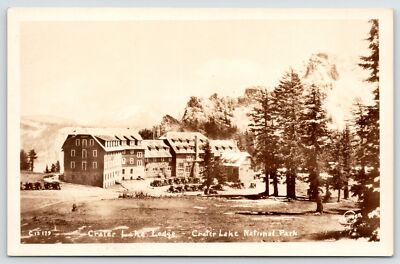 Crater Lake National Park Lodge~1920s Cars~Light Snow~Cascade Mountains RPPC