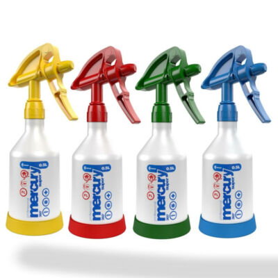 4x Kwazar Mercury Sprühflaschen 0,5 L rot grün gelb blau Double Action Überkopf