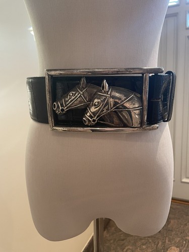RARE! HUGE!! Kieselstein Equestrian Horses Buckle With Black Alligator Belt Sz 2