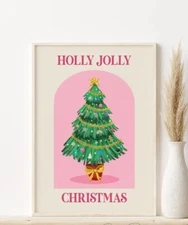 Pink Christmas Printable Wall Art, Holly Jolly Print, Retro Holiday Poster
