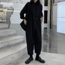 Japanese Women Long Sleeve Overalls Jumpsuit High Waist Loose Wide Leg Pants