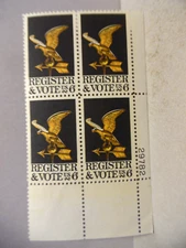 SCOTT STAMP # 1344 REGISTER AND VOTE 6 CENT PLATE BLOCK - MNH