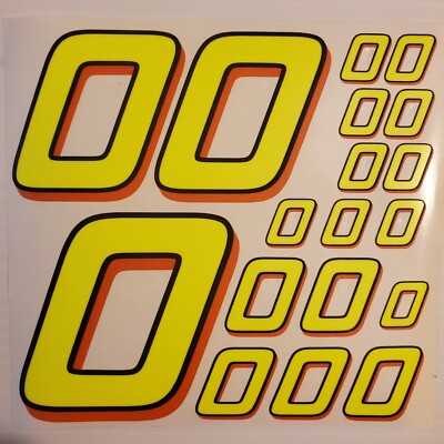 #0's Flourescent Yellow w/bl.-Orange Racing Numbers Vinyl Decal Sheet 1/10-1/12 