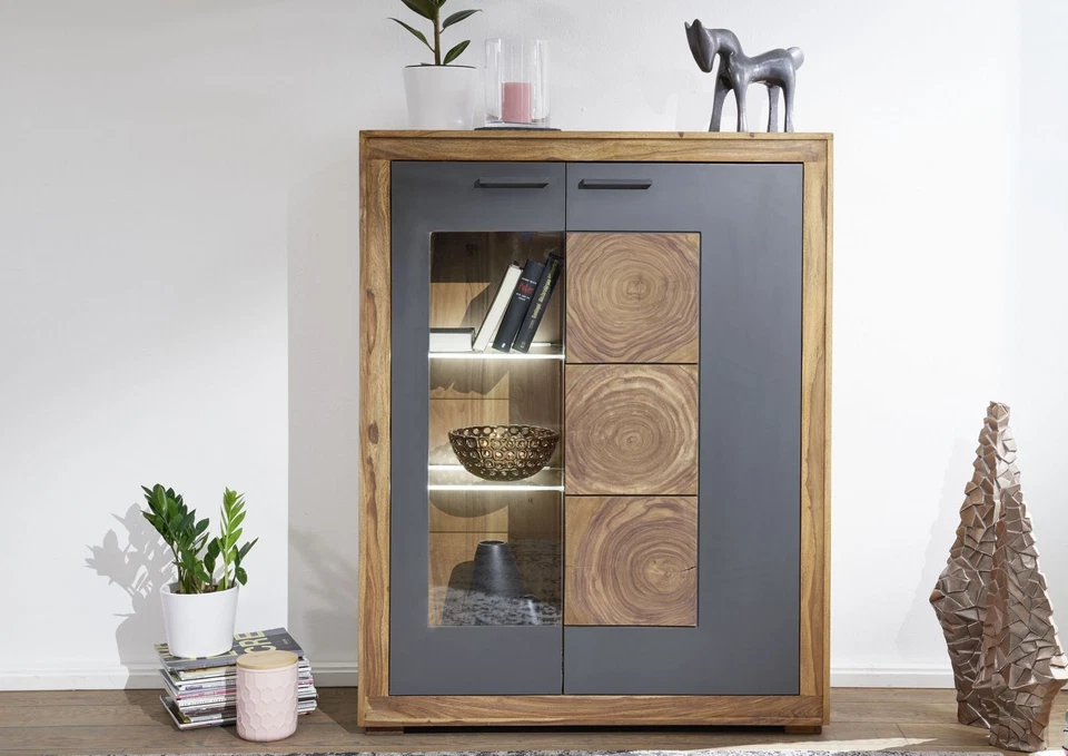 Highboard Anrichte Vitrine massiv Mehrzweckschrank Sheesham grau schwarz 103x135 - Bild 3 von 4
