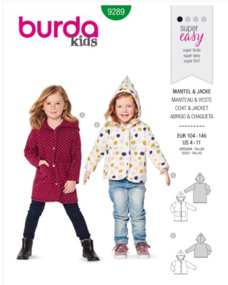 BURDA KIDS 9289 KINDER MANTEL & JACKE Schnittmuster Alter 4-11 Fähigkeit: SUPER EINFACH