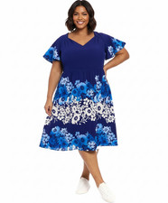 London Times Plus Size 18W Navy Cobalt Floral Flutter Sleeve Dress
