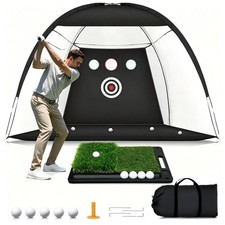 Golf Net: 10x7FT Practice Net with Mat for Chipping, 10x7ft, Black White