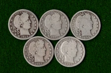 1892 -1916 BARBER QUARTER DOLLARS VG 1898 1899 1909 1914 1915 Lot Of 5 SILVER