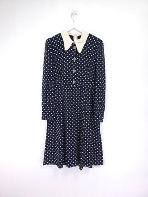 L.K. Bennett Mathilde Dress Size 18 Navy Polka Dot Silk Collar Midi Rhinestone