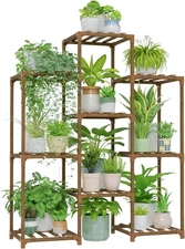 Bamworld Plant Stand Indoor Plants Shelf Outdoor Wood Rack for 4 Brown 